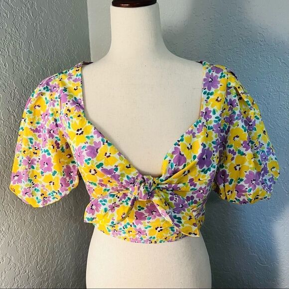 River Island Floral Print Puff Sleeve Crop Top, Yellow/Purple, Small/Size 4, NWT - Picture 6 of 15